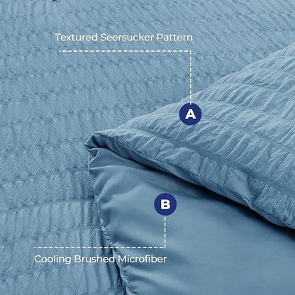 HYMOKEGE Mineral Blue Twin Comforter Set Seersucker 5 Pieces, All Season Luxury Bed in a Bag for Bedroom, Bedding Set with Comforter, Sheets, Pillowcase & Sham