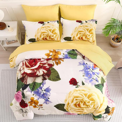 Drucon Yellow Floral Comforter King Size 7 Pieces Bedding Sets Bed in a Bag, Botanical Floral Comforter with Sheet Set, Soft Microfiber Bedding Set for All Season(Yellow, 104"x90")