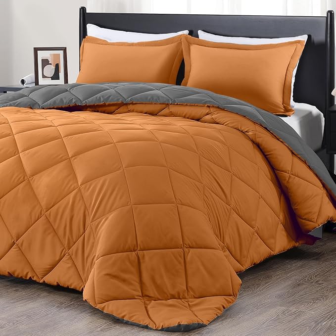 downluxe Twin Comforter Set - Burnt Orange and Grey Twin Comforter, Soft Bedding Sets for All Seasons -2 Pieces - 1 Comforter (66"x92") and 1 Pillow Sham(20"x26")