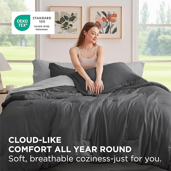 Bedsure Twin Comforter Set - 5 Pieces Dark Grey Twin Bedding Set for All Seasons, Boho Contrasting Design Bed in a Bag with Comforter, Sheets, Pillowcase & Sham