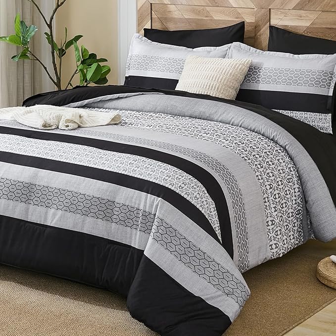 DJY Black Comforter Set Queen Size,7 Pieces Bed in a Bag Boho Striped Bedding Sets,Black and White Soft Microfiber Bedding Set for All Season(104"×90")
