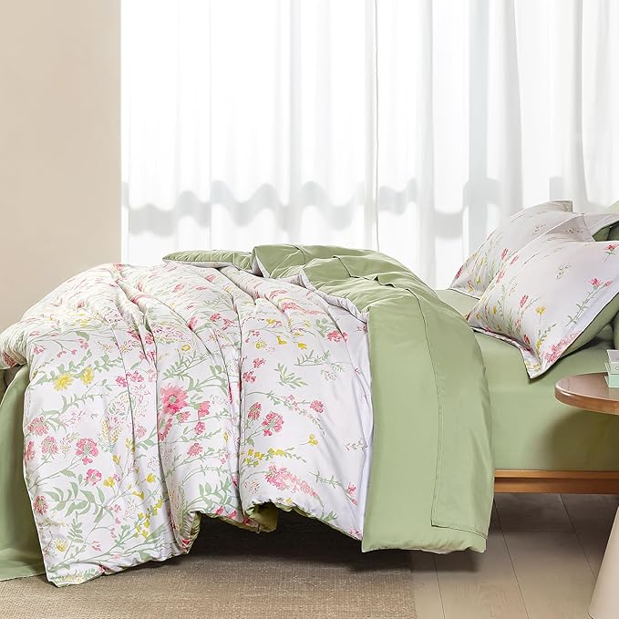 Yiran 7 Piece Pink Green Floral Comforter Set King Size, Cute Botanical Comforters Lightweight Coquette Bedding Set Flower Bed in a Bag Soft Farmhouse Bedding Set with Sheets for Women