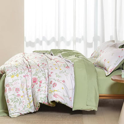 Yiran 7 Piece Pink Green Floral Comforter Set King Size, Cute Botanical Comforters Lightweight Coquette Bedding Set Flower Bed in a Bag Soft Farmhouse Bedding Set with Sheets for Women