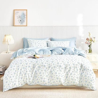 Wake In Cloud - Floral Comforter Set with Sheets, Coquette Cottagecore Aesthetic Flower Shabby Chic Pattern for Women Teen Girls, 7 Pieces Bed in a Bag, White Blue, Full Size
