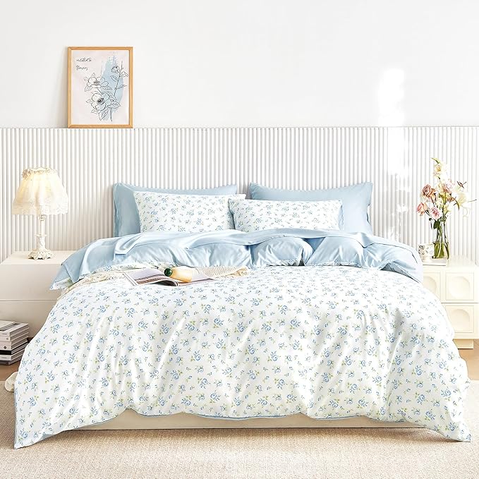 Wake In Cloud - Floral Comforter Set with Sheets, Coquette Cottagecore Aesthetic Flower Shabby Chic Pattern for Women Teen Girls, 5 Pieces Bed in a Bag, White Blue, Twin Size