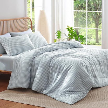 Nayoroom Gingham Comforter Set Queen Size Blue Plaid Checkered Comforter 3 Pieces Soft Lightweight Grid Dorm Bedding Set for All Seasons (1 Comforter, 2 Pillowcases)
