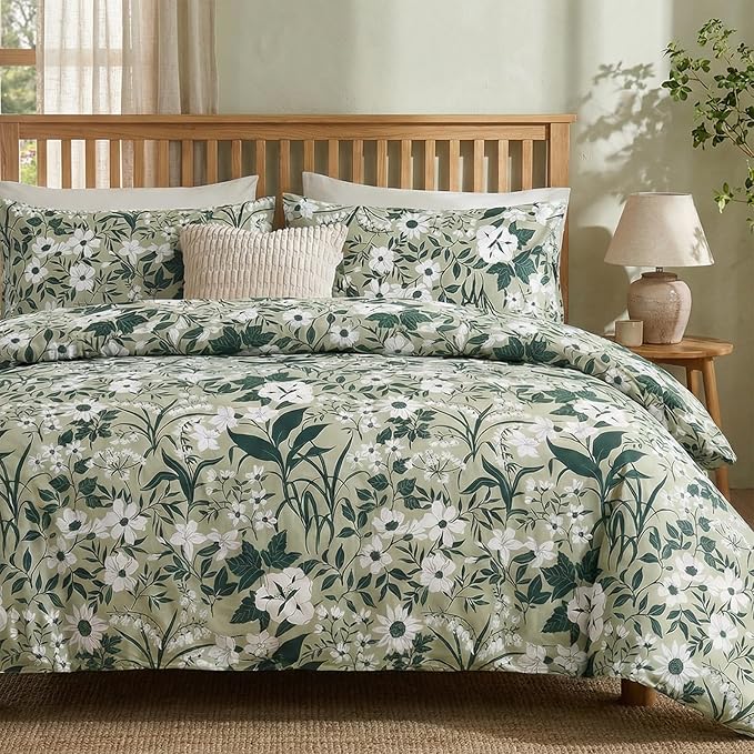 100% Cotton Comforter King Size Sage Green Floral Bedding Set Reversible Botanical Comforter Set 3 Pcs Cottagecore Aesthetic Soft Bedding Sets for All Season