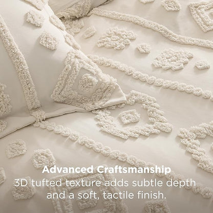 Bedsure Boho Tufted Beige Comforter Set Queen Size, GentleSoft™ 3 Pieces Boho Farmhouse Decor Bedding, Exquisite Shabby Chic Bedding for All Seasons, 1 Bed Comforter, 2 Pillow Shams, 90x90 Inches