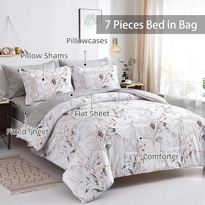 WONGS BEDDING Grey Comforter Set Queen,7 Pieces Reversible Botanical Bed in a Bag Golden Leaves Bedding Set Microfiber Queen (1 Comforter,2 Pillowcase,2 Pillow Shames,1 Flat Sheet,1 Fitted Sheet)