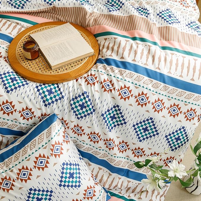 CLOTHKNOW Aztec Boho King Size Comforter Set Southwest Bedding Comforter Sets White Blue Comforter American Tribal Navajo Comforter with 2 x Pillowcases