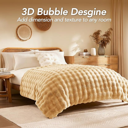 L'AGRATY Faux Rabbit Fur Blanket: 90" x 90" Queen Luxury Soft Fluffy Thick Fur Throw Blanket for Couch Bed - Cozy Plush Bubble Blankets for Winter: Flannel Fleece Decorative Blanket(Milk Tea Brown)