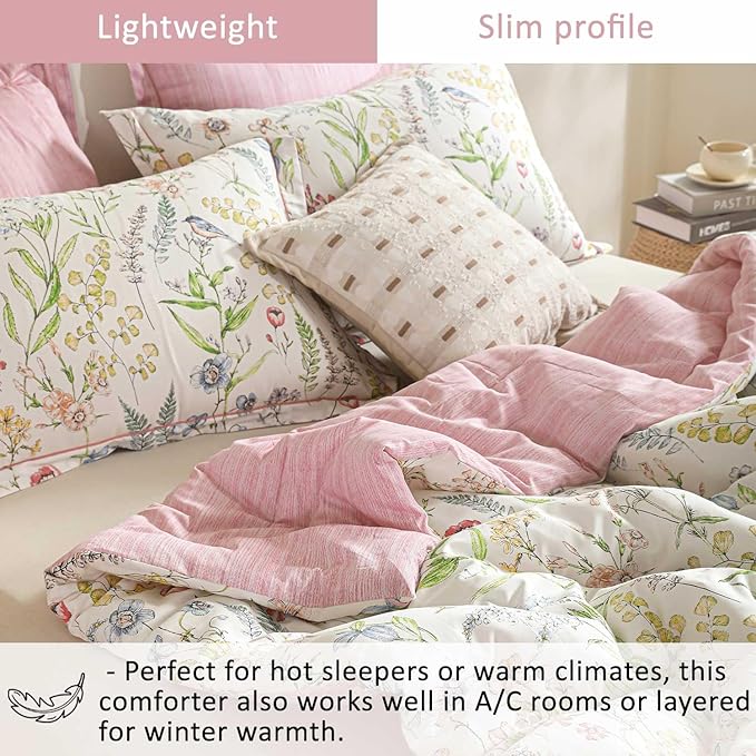 White Floral Cotton Comforter Queen Size - 3PC Lightweight Bedding Sets with Soft Fill, Vibrant Garden Botanical Patterns, Petal Pink Reversible Design with Feminine Elegance