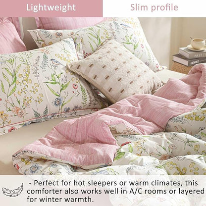 White Floral Cotton Comforter Queen Size - 3PC Lightweight Bedding Sets with Soft Fill, Vibrant Garden Botanical Patterns, Petal Pink Reversible Design with Feminine Elegance