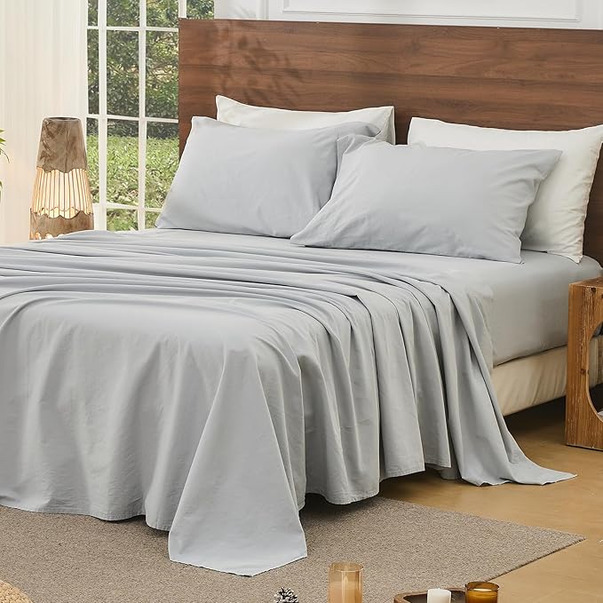 Bedlifes 100% French Pure Linen Sheets King Size Breathable and Cooling Flax Sheet Set Soft Durable and Moisture Wicking 16 Inch Deep Pocket-4 Piece(King,Grey)