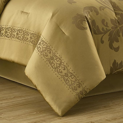 Chezmoi Collection Royale 7-Piece Jacquard Floral Comforter Set, Oversized King, Gold
