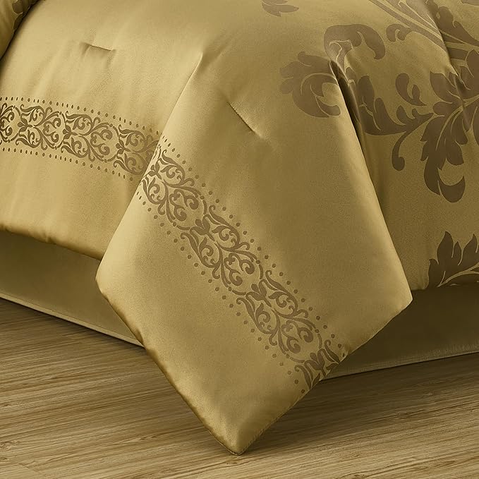 Chezmoi Collection 7-Piece Jacquard Floral Comforter Set (Queen, Gold)