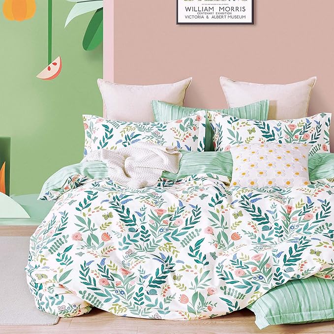Botanical Cotton Comforter Queen Size 3Pcs - Cute Garden Floral Design with Green Leaves & Coral and Pink Flowers,Sage Striped Reverse,Lightweight Reversible Bedding Sets(Full/Queen,90"×90")