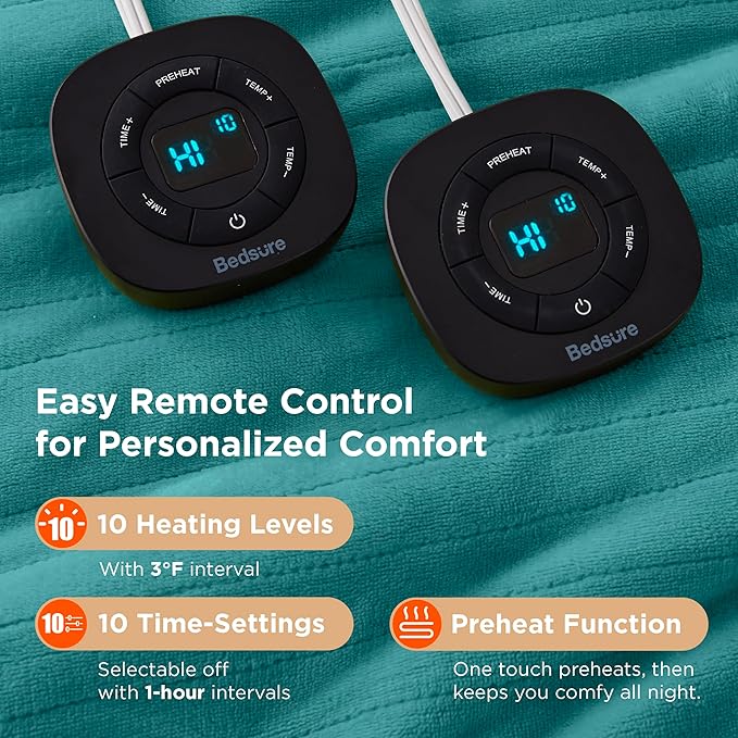Bedsure Electric Blanket Queen Size - Dual Control Heated Blanket Queen, Fast Heating with 10 Time Settings & 10 Heat Settings, Warm Gifts for Women Grandma (84x90 inches, Teal)