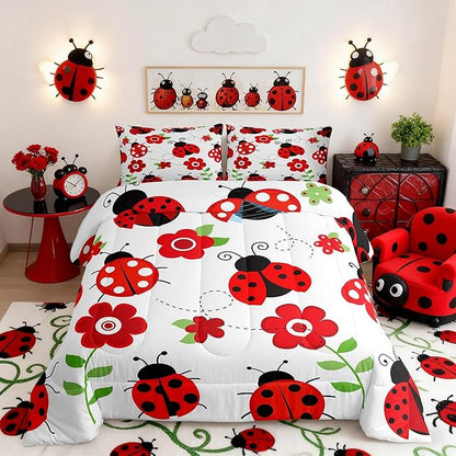Cute Ladybug Comforter Set Queen for Boys Kids Cartoon Bug Room Decor Red Floral and Animal Comforter Aldults Bedroom Entomology Bedding Set 1 Comforter with 2 Pillow Cases,Lightweight Warm Soft