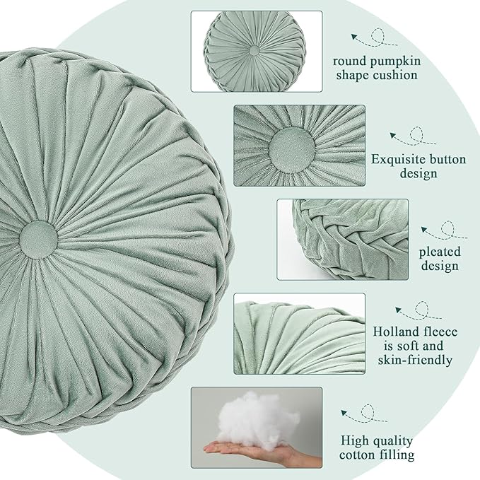 3 Pcs Round Throw Pillows Decorative Velvet Pleated Throw Pillows 15'' Diameter Accent Pumpkin Boho Chair Cushion for Couch Sofa Chair Bed Home Decoration (White,Light Green,Green)