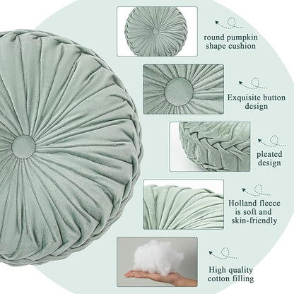 3 Pcs Round Throw Pillows Decorative Velvet Pleated Throw Pillows 15'' Diameter Accent Pumpkin Boho Chair Cushion for Couch Sofa Chair Bed Home Decoration (White,Light Green,Green)