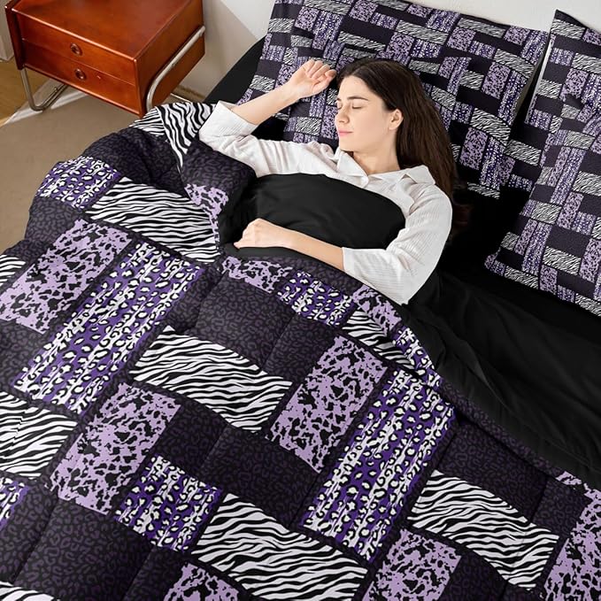 Wildlife Fur Splicing Print Bed Sets in a Bag 7 Pieces,Black Grey Kids Comforter Set Twin,Wild Animal Skin Leopard Bedding Set with 1 Comforter,2 Sheets,2 Pillowcases & 2 Throw Pillow Covers