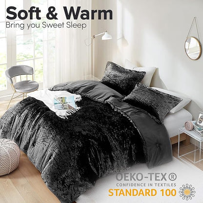 Comfort Spaces Juliette Luxe Comforter Set Velvet Lush with Soft Brushed Microfiber Reverse, All Season Cozy Velvet Bedding Sets, Fluffy Comforter Bed Set, Matching Sham, Black Full/Queen 3 Piece
