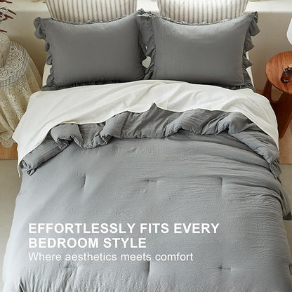 Grey Ruffle Comforter Set Twin, Pre-Washed Shabby Chic Bedding Set, Lightweight Cottagecore Soft Romantic Cozy 1 Comforter & 1 Sham, All-Season