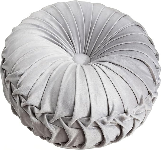 MOCOFO Round Velvet Throw Pillow, Pumpkin Shape Decorative Floor Cushion, Handcrafted Pleated Design, 14 and 16 Inch Diameter, Multiple Colors, Polyester Fill (Light Grey, 16")