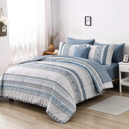 Cottolester Boho Comforter Set King Size Light Blue Comforter Set 8 Piece Bed in a Bag Striped Paisley Bedding Sets