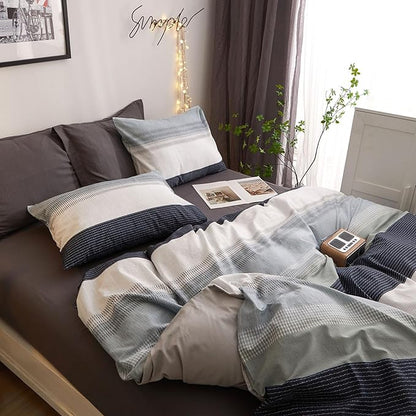 VM VOUGEMARKET Striped Comforter Set Queen Blue Gray Stripes Comforter with 2 Pillowcases Simple Modern Bedding Set Bed in a Bag All Season Queen Comforter Set for Teens Adults