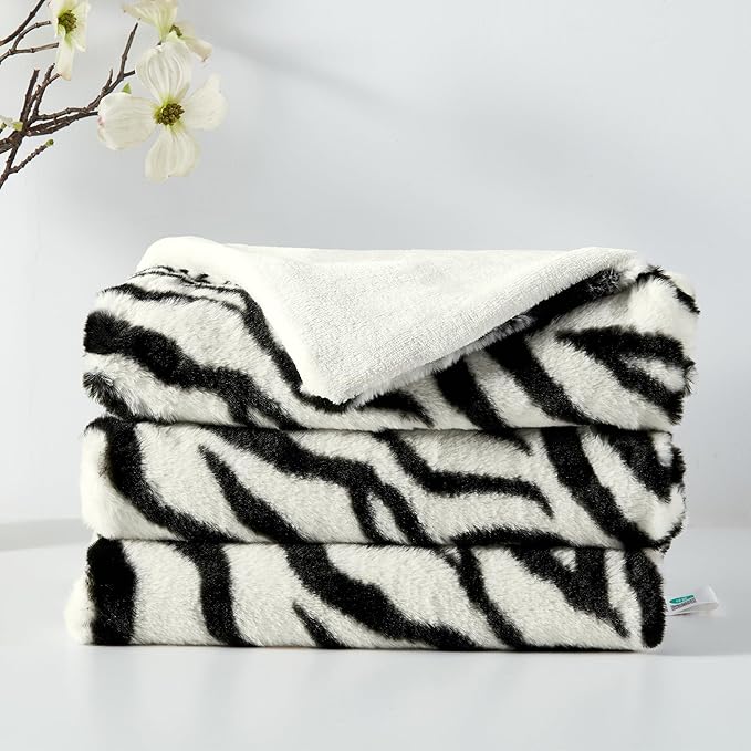 JONIYEAR Soft Fluffy Zebra Print Faux Rabbit Fur Blanket Twin Size 60" x 70", Oversized Luxury Cozy Shaggy Fuzzy Blankets, Reversible Cute Warm Animal Printed Blanket for Winter,Cream White and Black
