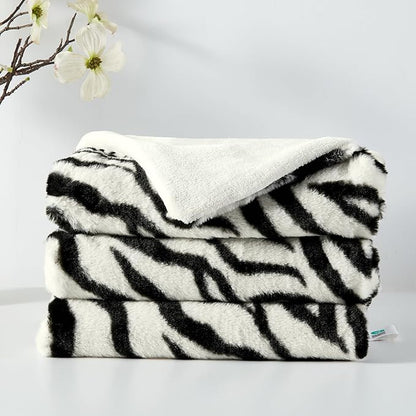 JONIYEAR Soft Fluffy Zebra Print Faux Rabbit Fur Blanket Twin Size 60" x 70", Oversized Luxury Cozy Shaggy Fuzzy Blankets, Reversible Cute Warm Animal Printed Blanket for Winter,Cream White and Black