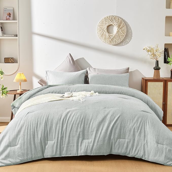 DECMAY Twin Comforter Set with Sheets, 5 Pieces Twin Comforter Set, Cationic Dyeing Bed in a Bag Bedding Set with Comforter, Flat Sheet, Fitted Sheet, Pillowcase and Pillow Sham (Twin, Light Green) | twin comforter set, twin bedding set, twin bed set