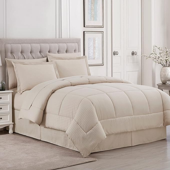 Queen Comforter Set 8 Piece Bed in a Bag with Bed Skirt, Fitted Sheet, Flat Sheet, 2 Pillowcases, 2 Pillow Shams, Queen, Dobby Beige