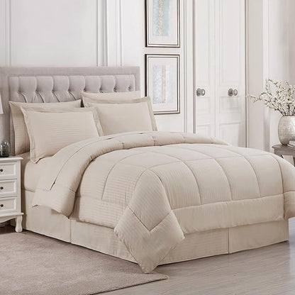 Queen Comforter Set 8 Piece Bed in a Bag with Bed Skirt, Fitted Sheet, Flat Sheet, 2 Pillowcases, 2 Pillow Shams, Queen, Dobby Beige