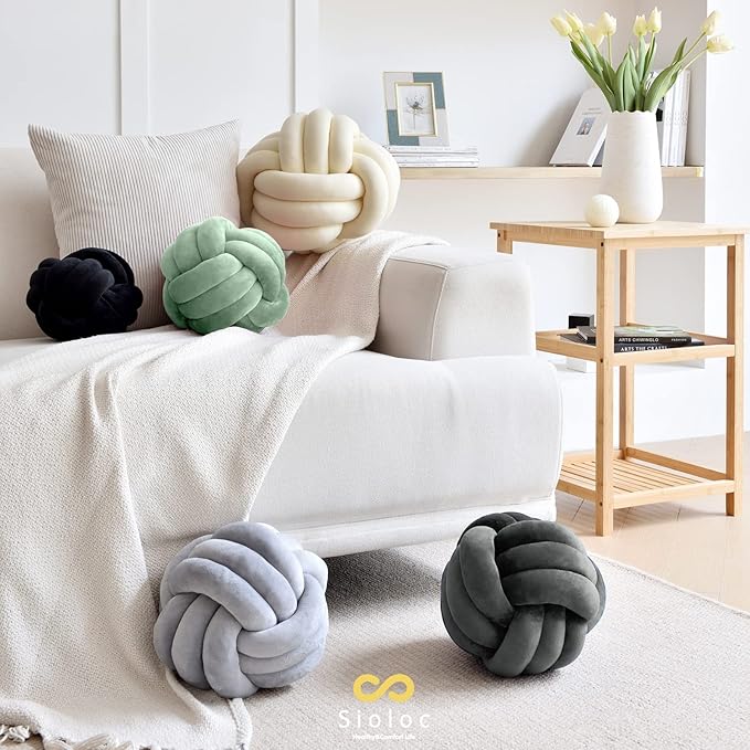 Sioloc Soft Knot Ball Pillows,Round Throw Pillow Cushion Home Decoration Plush Pillow,Throw Knotted Pillow Handmade Round Plush Pillow（10.6inches,Dark Grey）