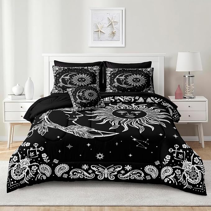 Sun and Moon Comforter Set 8 Pcs Black White Paisley Bedding Sets Stars Starry Sky Galaxy Theme Boho Comforter Paisley Floral Exotic Bedding Comforter Queen Bed in A Bag