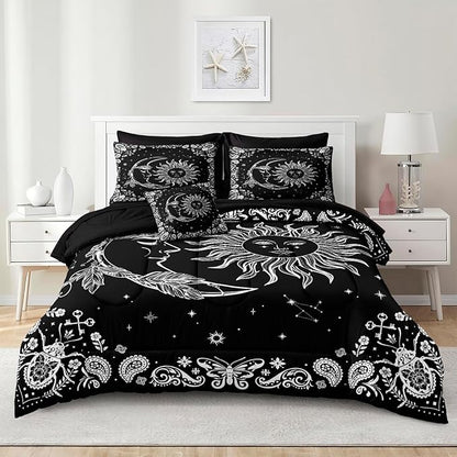 Sun and Moon Comforter Set 8 Pcs Black White Paisley Bedding Sets Stars Starry Sky Galaxy Theme Boho Comforter Paisley Floral Exotic Bedding Comforter Queen Bed in A Bag