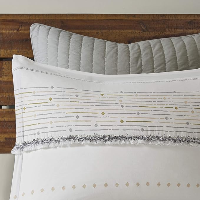 INK+IVY Luxurious Cotton-Bedding Set - Mid Century Trendy Geometric Design, All Season Cozy-Cover With Matching-Shams, Full/Queen, Nea Trims Grey/Multi