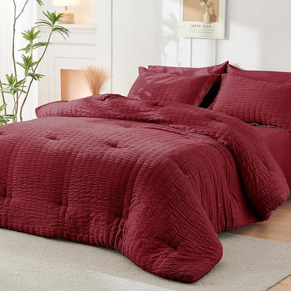 HYMOKEGE Burgundy King Size Comforter Set Seersucker 7 Pieces, All Season Luxury Bed in a Bag for Bedroom, Bedding Set with Comforters, Sheets, Pillowcases & Shams