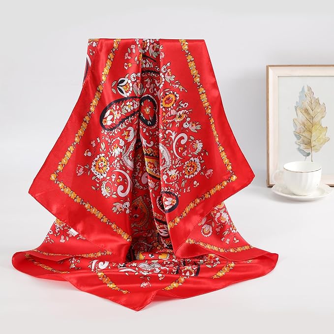 AWAYTR 35” Satin Large Square Head Scarves - 4PCS Silk Like Neck Scarf Hair Sleeping Wraps Satin Silk Scarfs for Women