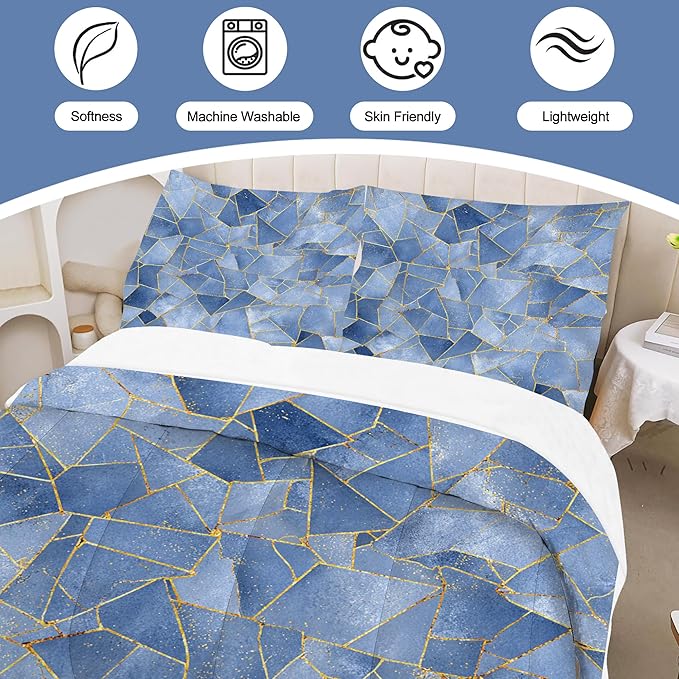 Blue Geometric Bedding Set for Kids Teens Adults Queen Size Gold Lines Marble Comforter Set for Bedroom Decor Watercolor Smog Blue Gold Stripes Marbled Bed Set with 1 Comforter + 2 Pillowcases