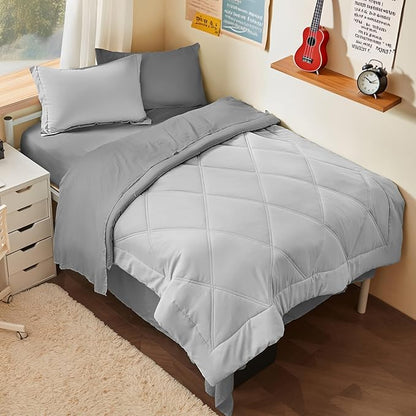 JOIEDOMI Twin Comforter Set with Sheets Light Grey, 5 Pieces Twin Bedding Sets with 1 Down Alternative Comforter, 1 Flat Sheet, 1 Fitted Sheet, 1 Pillowcase and 1 Pillow Sham, Bed in a Bag All Seasons