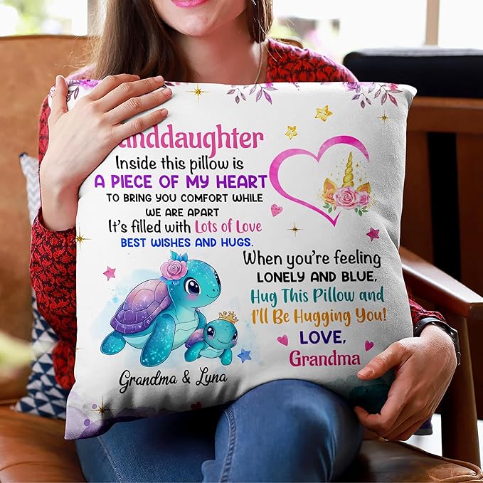 Hyturtle Personalized Granddaughter Pillow (Insert Included) Gifts from Grandma - Birthday Graduation Gifts for Granddaughter - Sea Turtle Custom Name Sofa Couch Cushion Home Decor Pillow