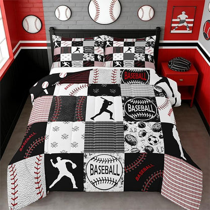 Erosebridal Kids Baseball Comforter Set King,Softball Bedding Set,Sports Game Quilted Comforter for Boys Teens Youth,Ball Game Patchwork Down Comforter with 2 Pillowcases,Red Black Gray
