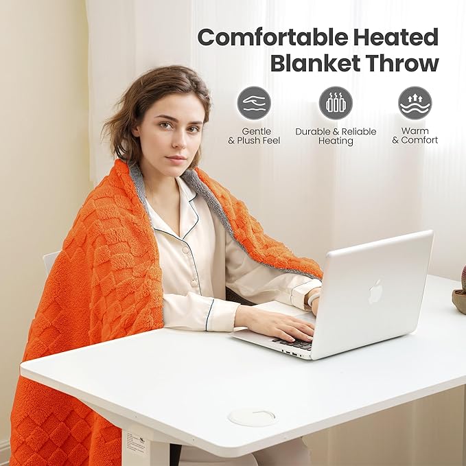 Heated Blanket, 50x60 Inch Electric Blanket, Throw Blanket with 6 Heat Settings and 1-4H Auto Off Timer, Machine Washable, Soft Flannel Fleece for Couches, Beds Office (Orange)