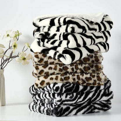 JONIYEAR Decorative Fuzzy Zebra Print Faux Rabbit Fur Throw Blanket 50" x 60",Double Sided Soft Thick Warm Shaagy Fluffy Blankets for Winter, Cute Cozy Plush Animal Blanket for Women, White and Black
