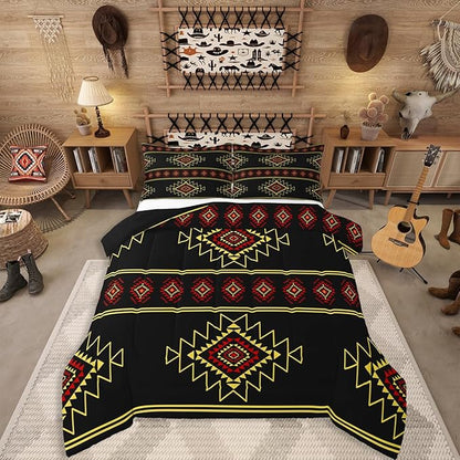 Western Aztec Queen Size Comforter Set, Native American Navajo Bedding Set for Boys Adult Teens, Southwestern Geometric Quilt Ethnic American Native Duvet Insert Rustic Farmhouse Decor,Black Yellow