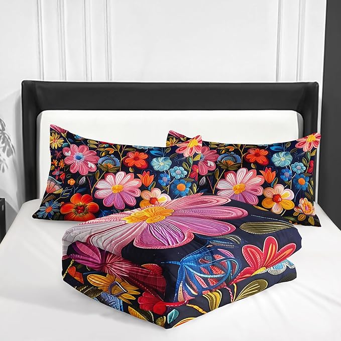 Colorful Flower Comforter Set Twin Size 3 PCS Bed in a Bag,Cute Floral Bedding Set for Girls Teens,Ultra Soft Microfiber Comforter Bed Set with 3-Pieces, Floral Bedroom Decor with Pillowcases
